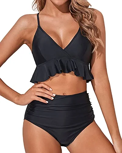 High - waisted bikini for a retro and tummy - flattering lookTummy Control Two Piece Bikini Set Deep V Neckline-Black