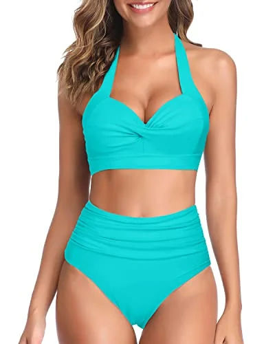 Push - up bikini top to enhance the bust for a confident beach appearanceWomen's Push Up Padded Halter High Waist High Leg Bikini Swimsuit-Aqua