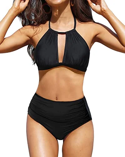 Lace - trimmed bikini for an elegant and romantic touchStriped Halter High Waisted Bikini Keyhole Bathing Suits-Black