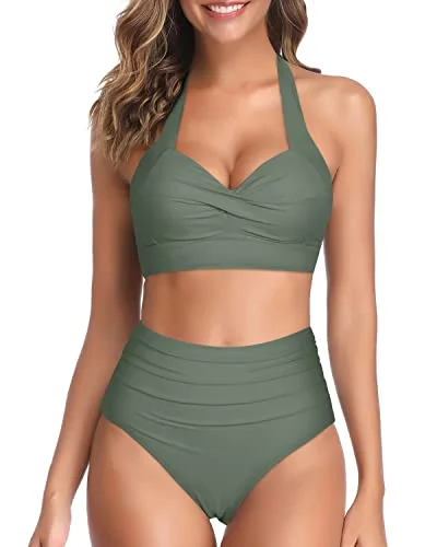 Metallic - finish bikini for a glamorous and eye - catching poolside lookTrendy High Waist Swimsuit Two Piece Halter Bikini For Women-Army Green