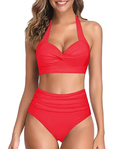 Sports bikini for high - intensity water activities like surfingHigh Waisted Figure-Flattering Halter Push Up Bikini-Neon Red