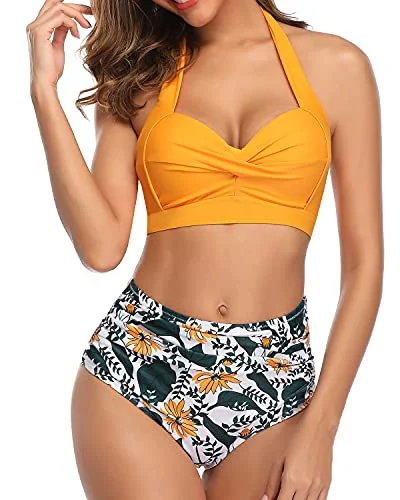 Tie - side bikini bottoms for an adjustable and stylish fitStylish Highwaist Bikini Padded Push Up Bra Bathing Suit-Yellow Floral