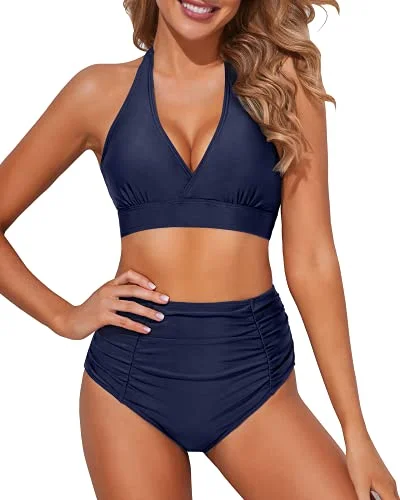 Sustainable bikini made from recycled materials for eco - conscious beachgoersSummer Beachwear Two Piece Bikini Halter Top And Ruched High Waisted Bikini-Navy Blue