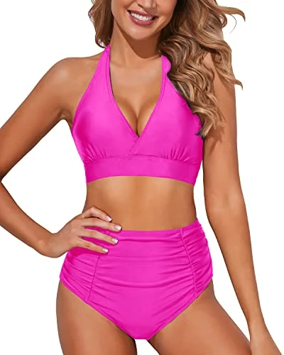 Maternity bikini for expecting mothers to enjoy the beach comfortablyPush Up Halter Tummy Control Swimsuits 2 Piece Bikini Bathing Suits-Neon Pink