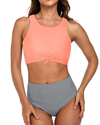 Sustainable bikini made from recycled materials for eco - conscious beachgoersModest Two Piece High Waisted Bathing Suits For Women-Coral Pink Stripe