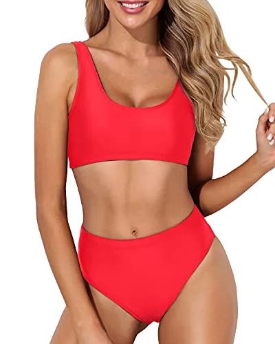 Ruched bikini with fabric gathers for a slimming effectTummy Hiding High Waisted Bikini Two Piece Scoop Neck Bikini For Women-Neon Red