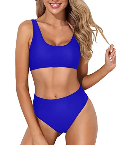 UV - protection bikini for safe sun exposure during beach daysHigh Cut Two Piece Bikini Crop Top High Cut Swimsuit-Royal Blue