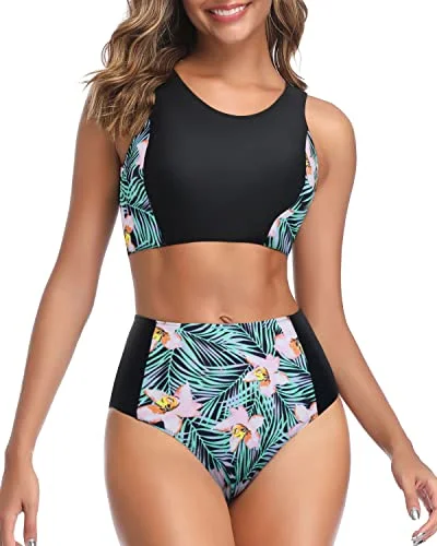 Plus - size bikini with full - coverage options for comfort and confidenceStylish Two Piece High Waisted Bikini Set For Teen Girls-Black Floral