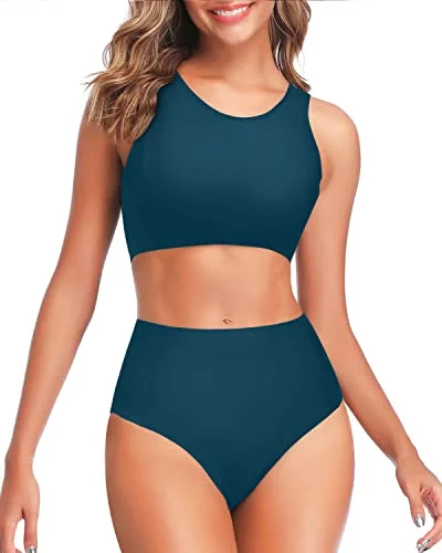 High - waisted bikini for a retro and tummy - flattering lookTwo Piece Bikini Set Athletic Design For Teen Girls-Teal