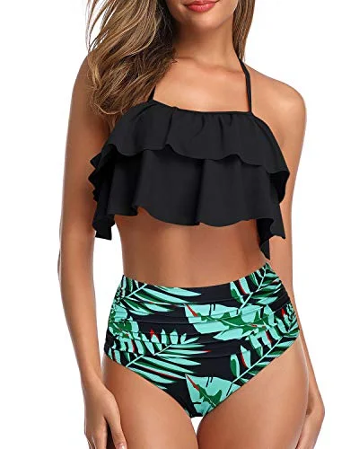 Long - line bikini top for added support and a fashionable lookElegant High Waisted Halter Bikini Set Tiered Ruffles For Women-Black And Green Leaf