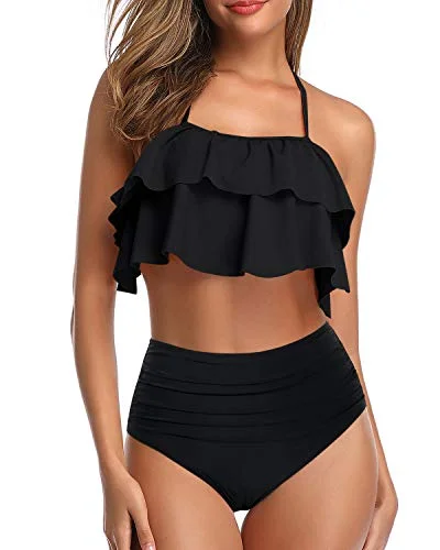 Striped bikini with a classic pattern for a timeless beach aestheticSexy Backless Teen Girls' 2 Piece Swimsuit High Waisted Bottoms-Black