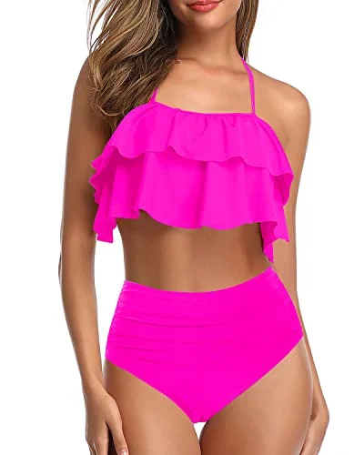 Metallic - finish bikini for a glamorous and eye - catching poolside lookTwo-Piece High Waisted Halter Bathing Suit-Neon Pink